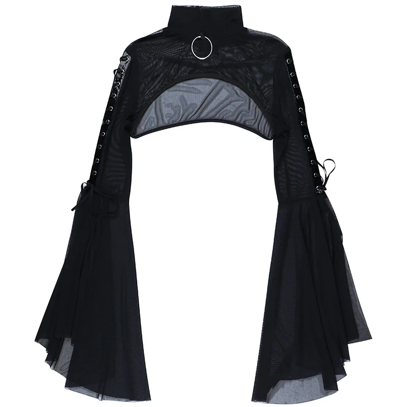 Lace-up Punk Gothic Flare Sleeve Black Top