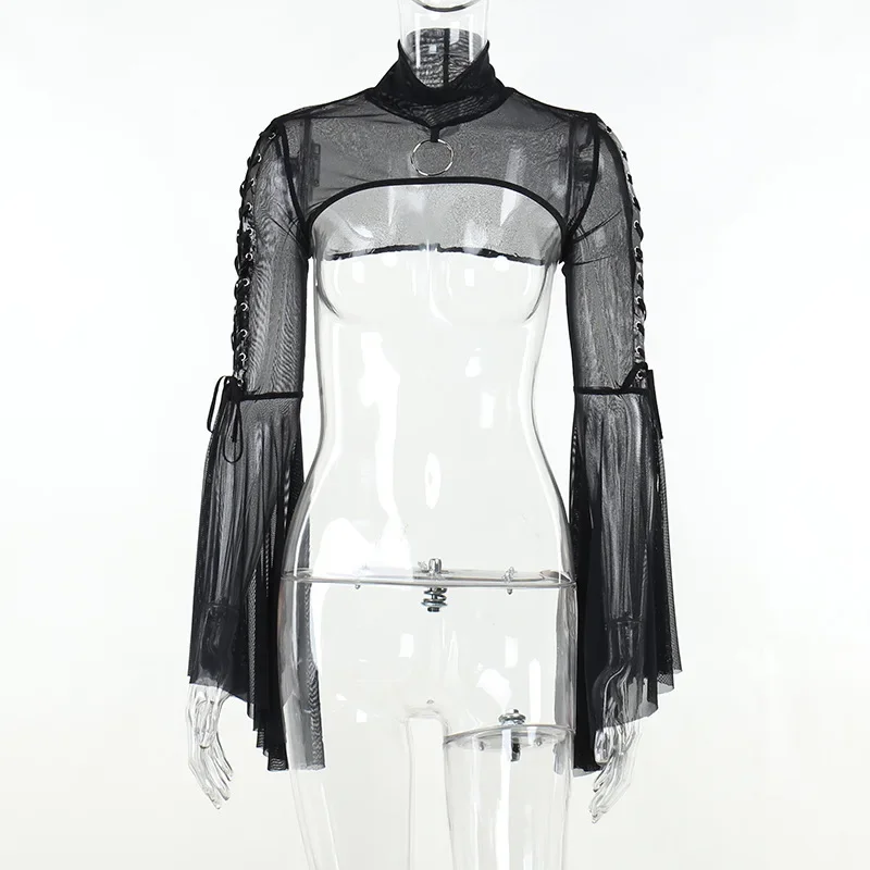 Lace-up Punk Gothic Flare Sleeve Black Top