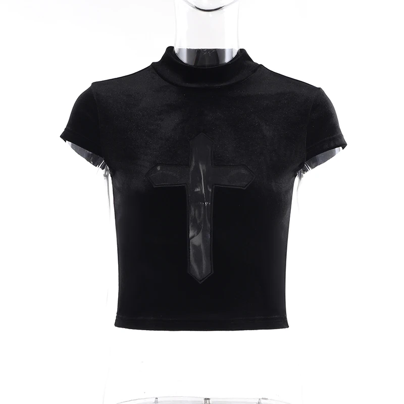 Black Sheer Cross Gothic Women T-shirts