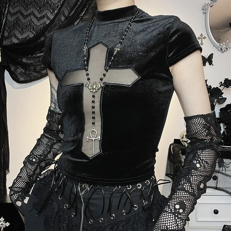 Black Sheer Cross Gothic Women T-shirts