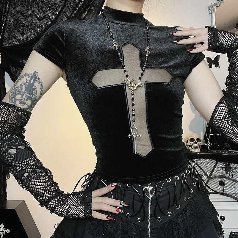 Black Sheer Cross Gothic Women T-shirts