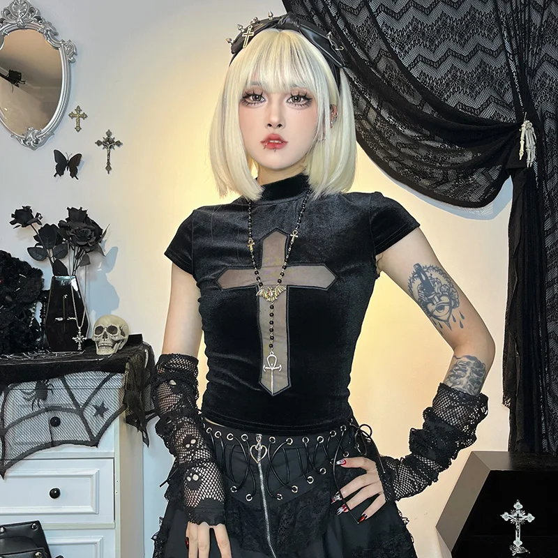 Black Sheer Cross Gothic Women T-shirts