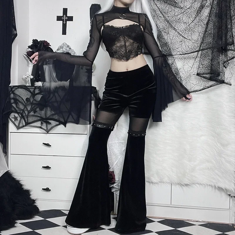 Lace-up Punk Gothic Flare Sleeve Black Top