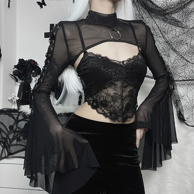 Lace-up Punk Gothic Flare Sleeve Black Top