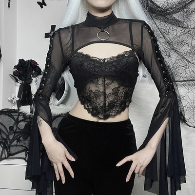 Lace-up Punk Gothic Flare Sleeve Black Top