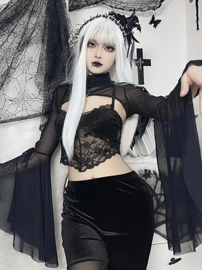 Lace-up Punk Gothic Flare Sleeve Black Top