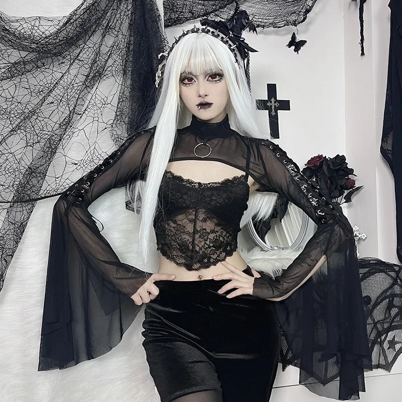 Lace-up Punk Gothic Flare Sleeve Black Top