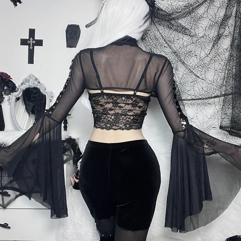 Lace-up Punk Gothic Flare Sleeve Black Top
