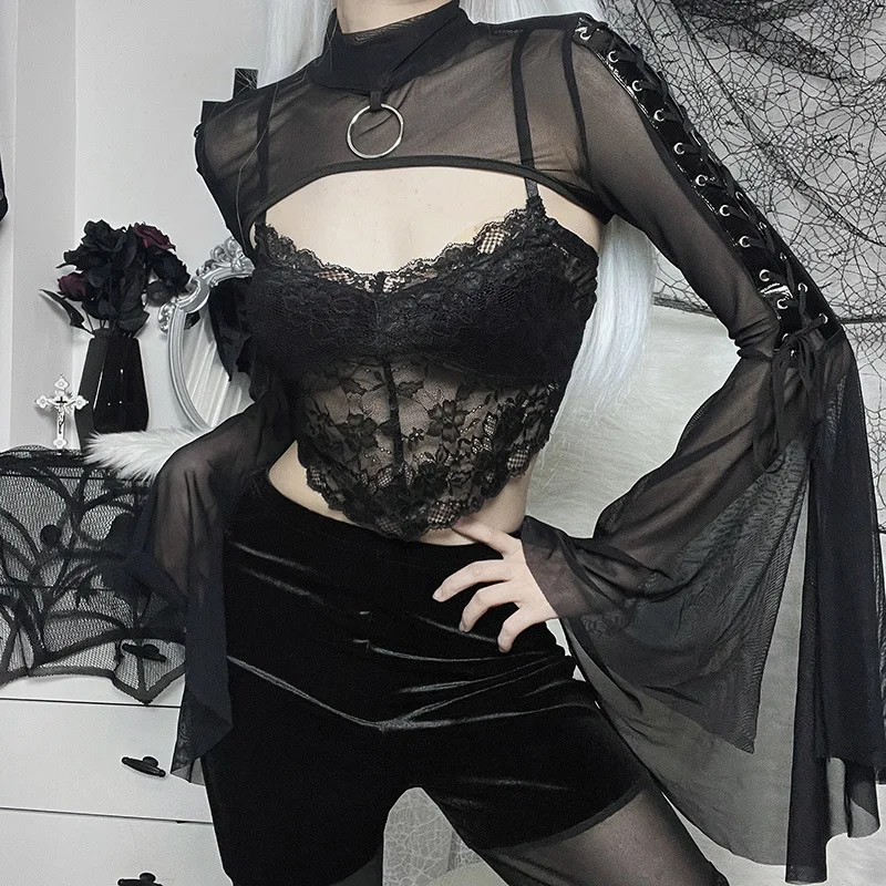 Lace-up Punk Gothic Flare Sleeve Black Top