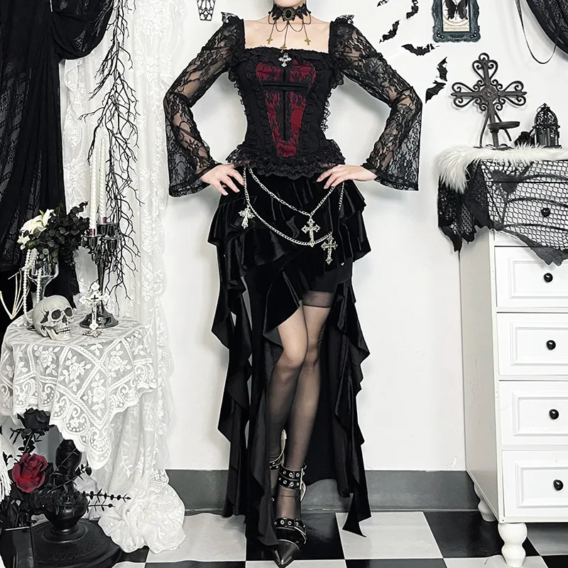 Gothic Vintage Lace Square Collar Flare Sleeve Top