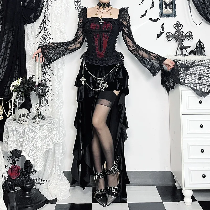 Gothic Vintage Lace Square Collar Flare Sleeve Top