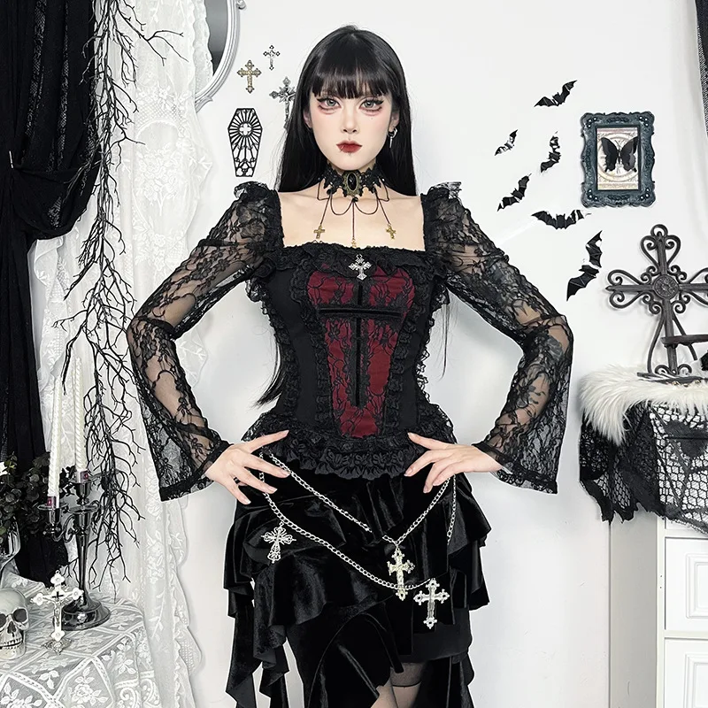 Gothic Vintage Lace Square Collar Flare Sleeve Top