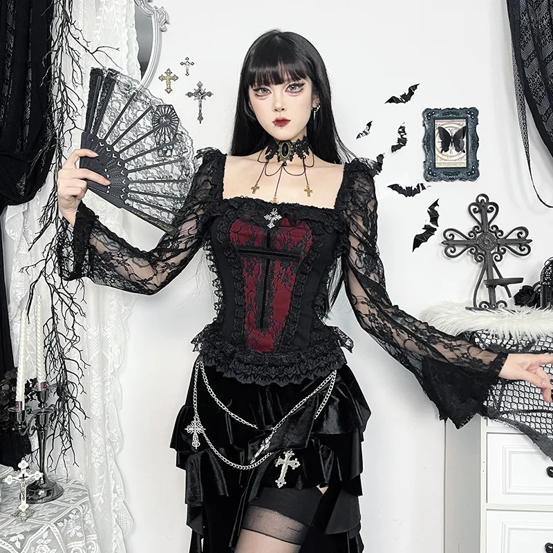 Gothic Vintage Lace Square Collar Flare Sleeve Top