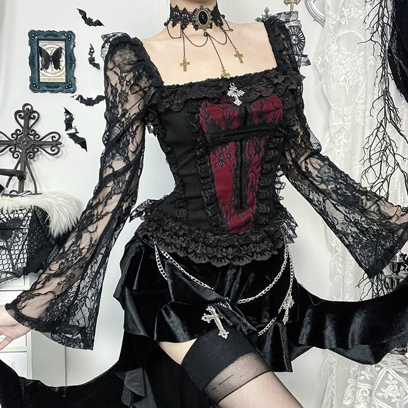 Gothic Vintage Lace Square Collar Flare Sleeve Top