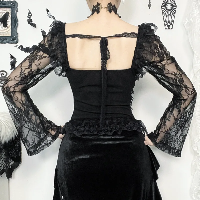 Gothic Vintage Lace Square Collar Flare Sleeve Top