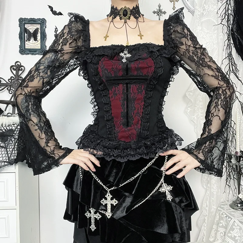 Gothic Vintage Lace Square Collar Flare Sleeve Top