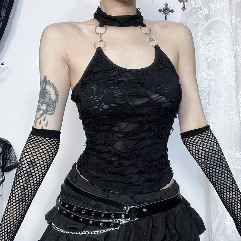 Y2K Black Halter Crop Top