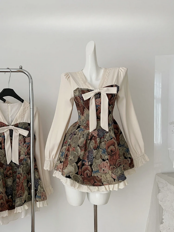 Cartoon Bear French Retro Elegant Short Dress