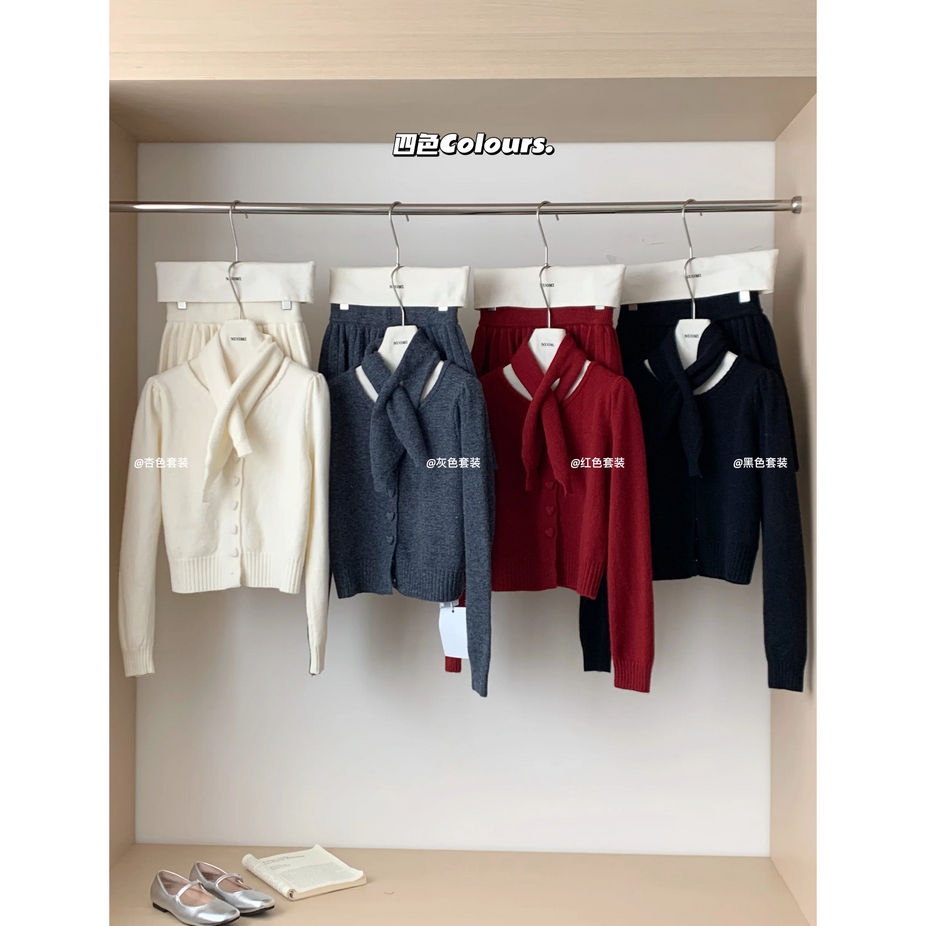 Korean Loose Knitted Heart Button 3 Piece Set Outfit