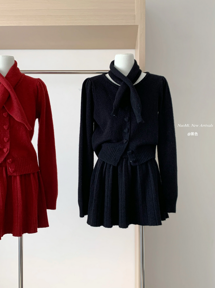 Korean Loose Knitted Heart Button 3 Piece Set Outfit