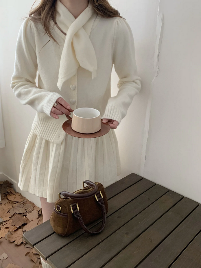 Korean Loose Knitted Heart Button 3 Piece Set Outfit