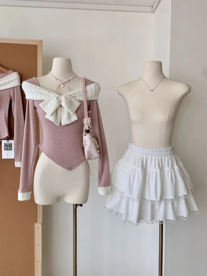 Women Korean 2 Piece Set Long Sleeve Sweet Bow Top and Mini Skirt