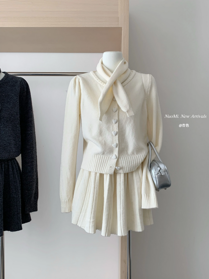 Korean Loose Knitted Heart Button 3 Piece Set Outfit