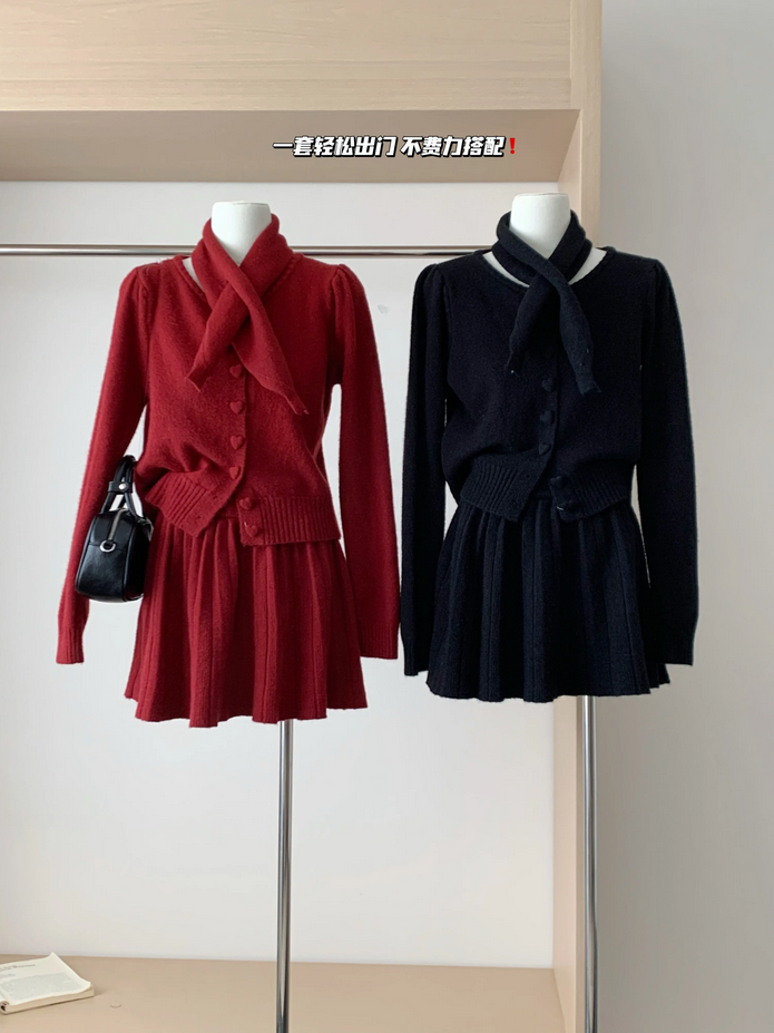 Korean Loose Knitted Heart Button 3 Piece Set Outfit