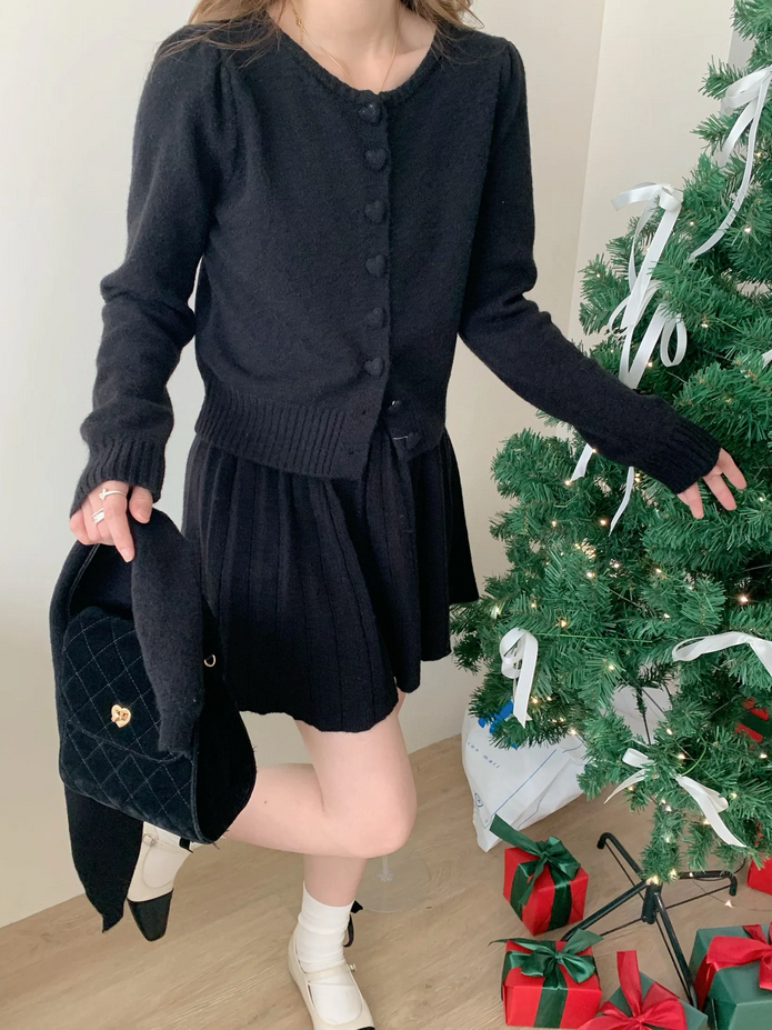 Korean Loose Knitted Heart Button 3 Piece Set Outfit