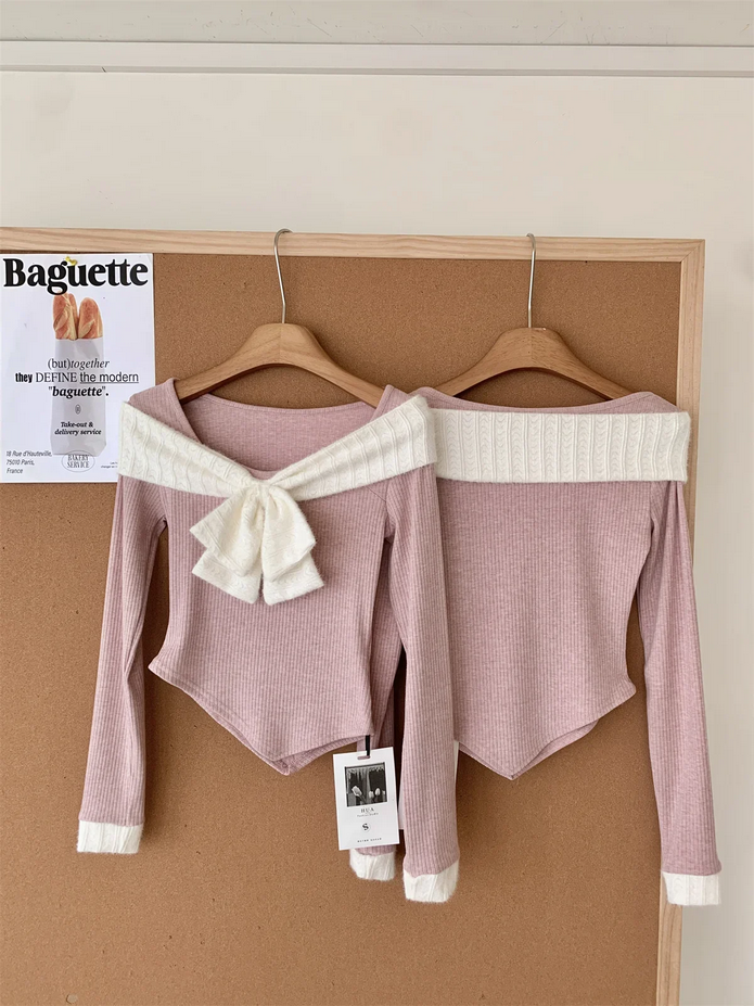 Women Korean 2 Piece Set Long Sleeve Sweet Bow Top and Mini Skirt