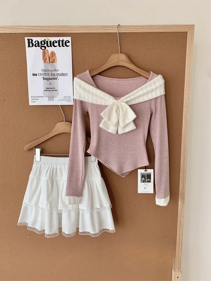 Women Korean 2 Piece Set Long Sleeve Sweet Bow Top and Mini Skirt