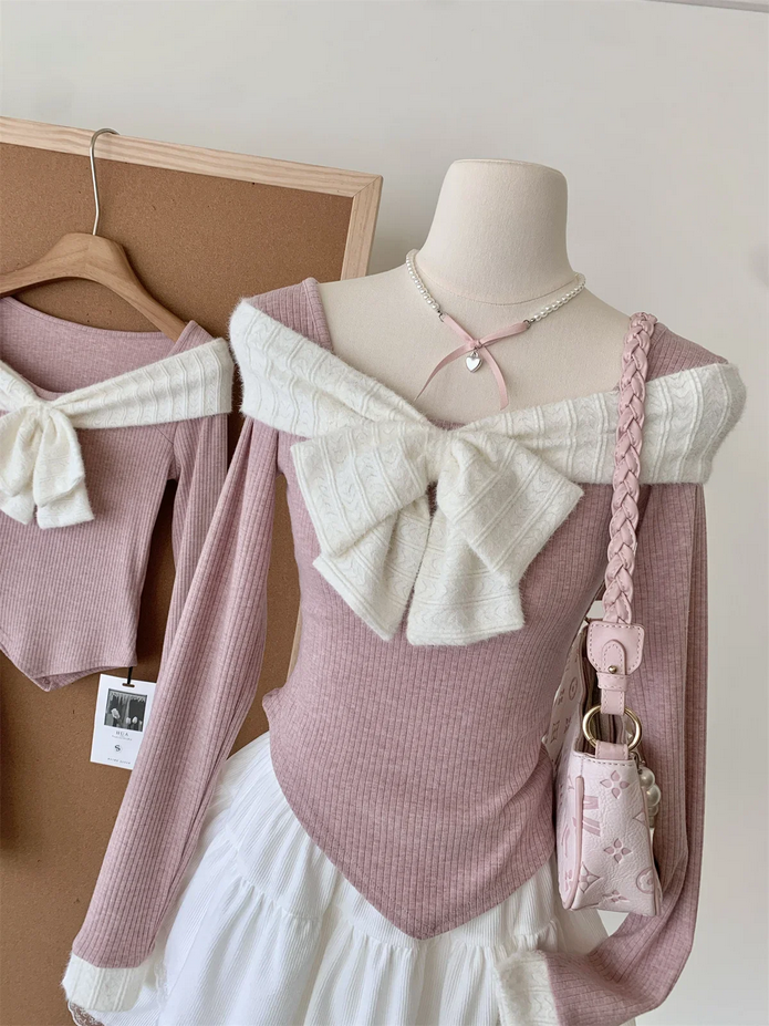 Women Korean 2 Piece Set Long Sleeve Sweet Bow Top and Mini Skirt