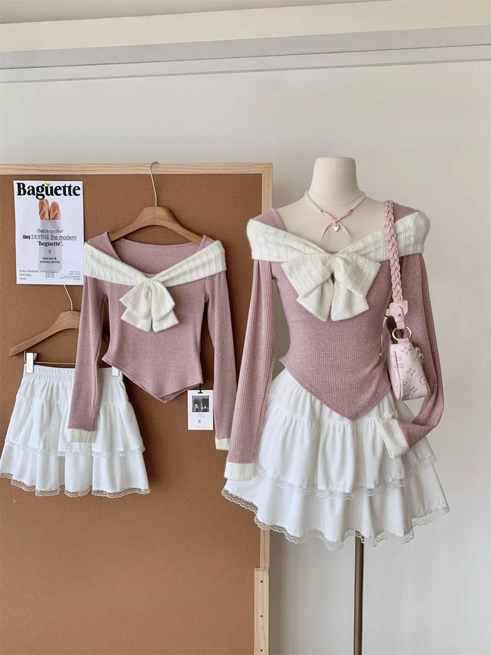 Women Korean 2 Piece Set Long Sleeve Sweet Bow Top and Mini Skirt