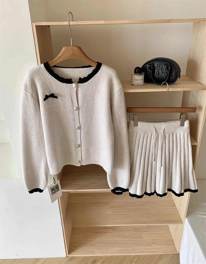 Korean Long Sleeve Cardigan and Mini Pleated Skirt 2 Piece Set