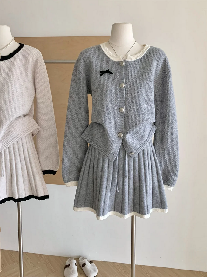 Korean Long Sleeve Cardigan and Mini Pleated Skirt 2 Piece Set