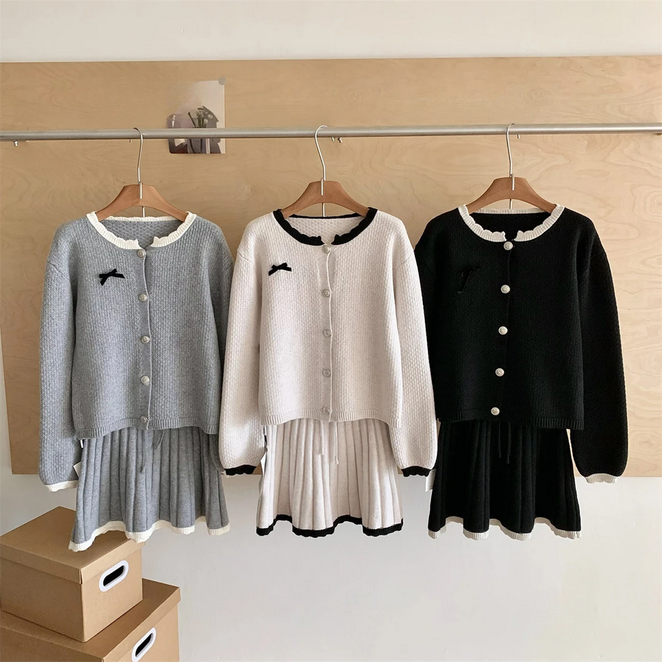 Korean Long Sleeve Cardigan and Mini Pleated Skirt 2 Piece Set