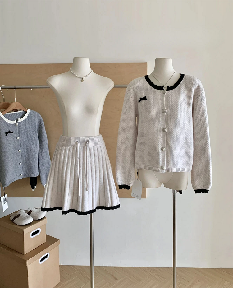 Korean Long Sleeve Cardigan and Mini Pleated Skirt 2 Piece Set