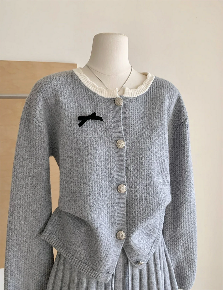 Korean Long Sleeve Cardigan and Mini Pleated Skirt 2 Piece Set