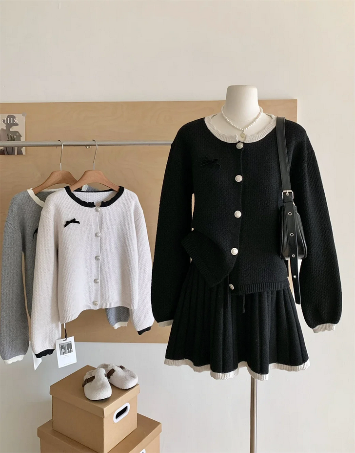 Korean Long Sleeve Cardigan and Mini Pleated Skirt 2 Piece Set