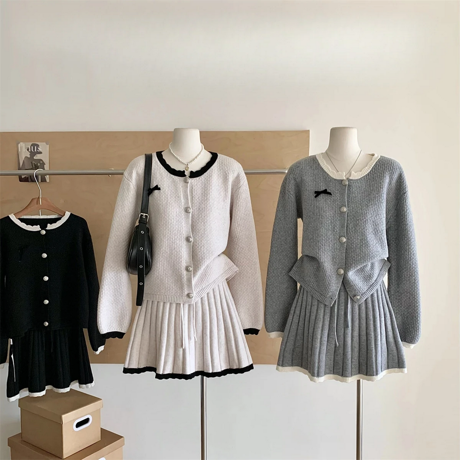 Korean Long Sleeve Cardigan and Mini Pleated Skirt 2 Piece Set