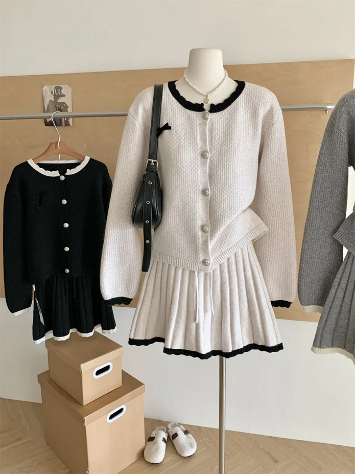 Korean Long Sleeve Cardigan and Mini Pleated Skirt 2 Piece Set