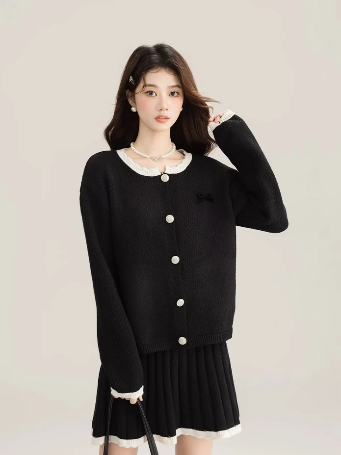 Korean Long Sleeve Cardigan and Mini Pleated Skirt 2 Piece Set