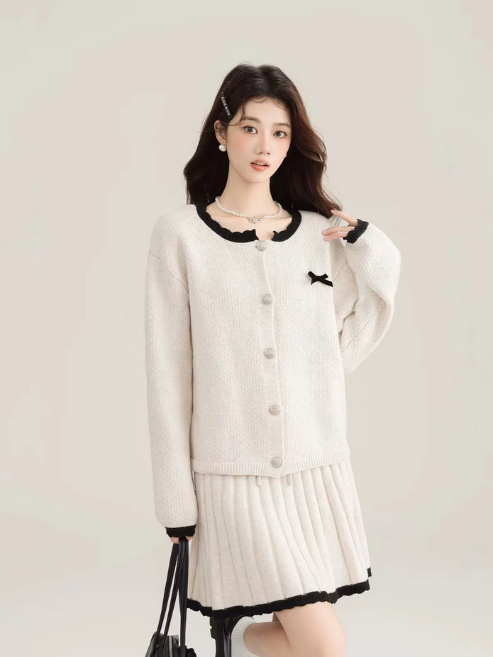 Korean Long Sleeve Cardigan and Mini Pleated Skirt 2 Piece Set