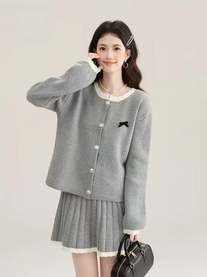Korean Long Sleeve Cardigan and Mini Pleated Skirt 2 Piece Set