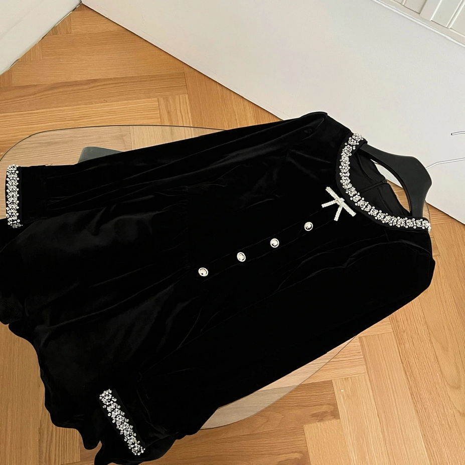French Elegant Velvet Black Long Sleeve Dress