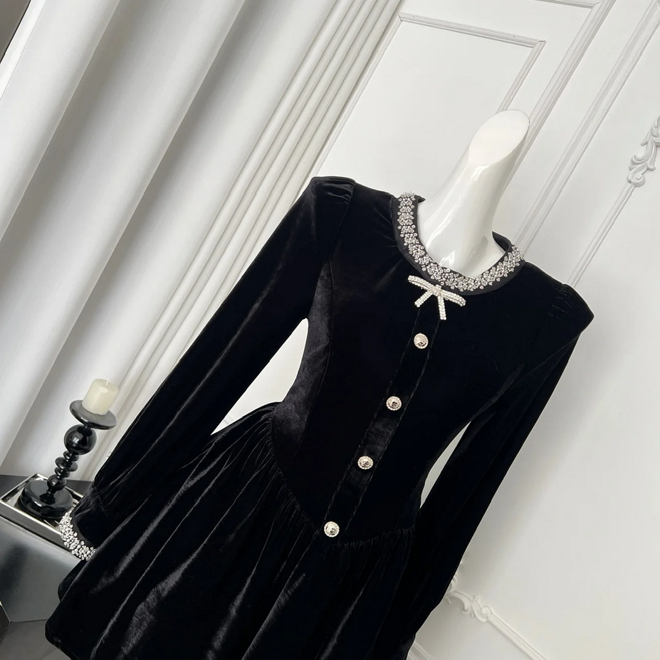 French Elegant Velvet Black Long Sleeve Dress