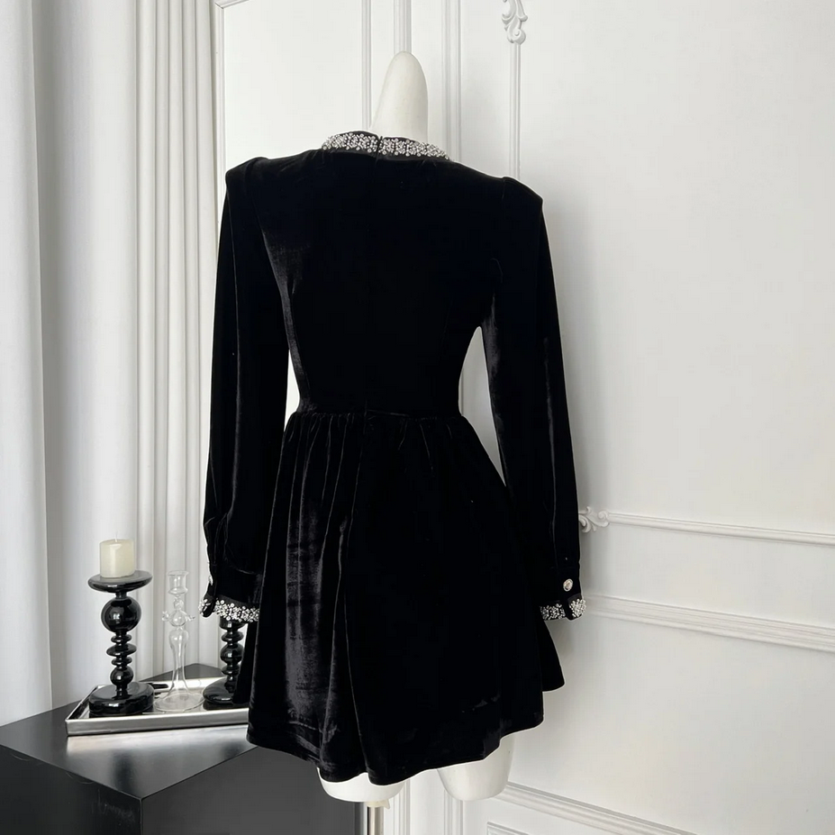 French Elegant Velvet Black Long Sleeve Dress