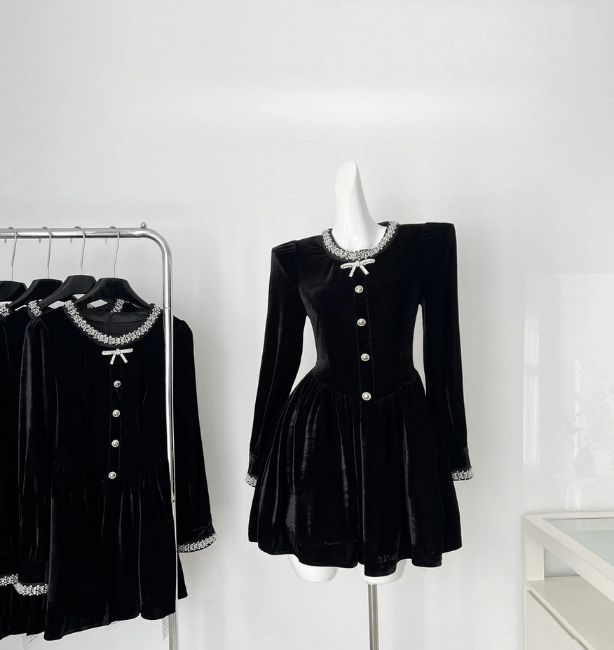 French Elegant Velvet Black Long Sleeve Dress