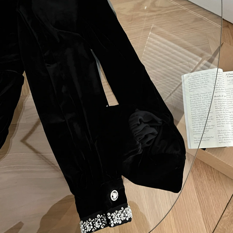 French Elegant Velvet Black Long Sleeve Dress