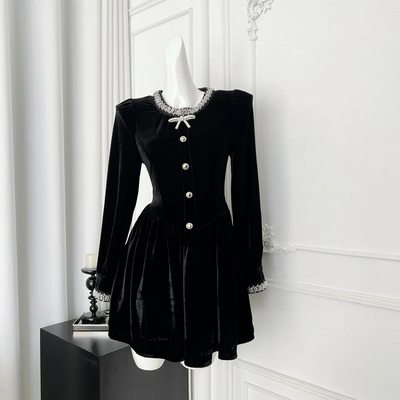 French Elegant Velvet Black Long Sleeve Dress